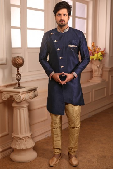 Designer Blue Banarasi Silk Fabric Kurta Payjama