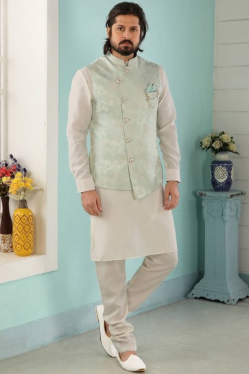 Banarasi Silk Fabric Cream Designer Kurta Payjama With Jacqaurd Jacket