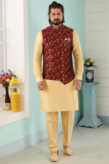 Golden Banarasi Silk Fabric Kurta Payjama With Jacqaurd Jacket