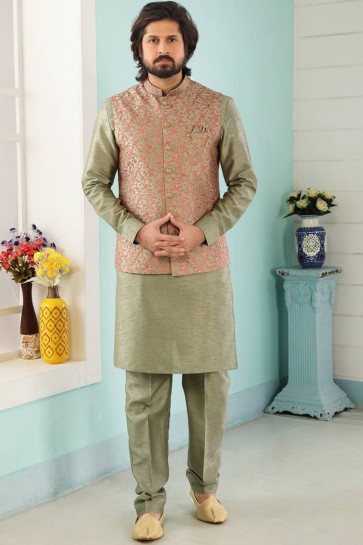 Banarasi Silk Fabric Green Stylish Kurta Payjama With Jacqaurd Jacket