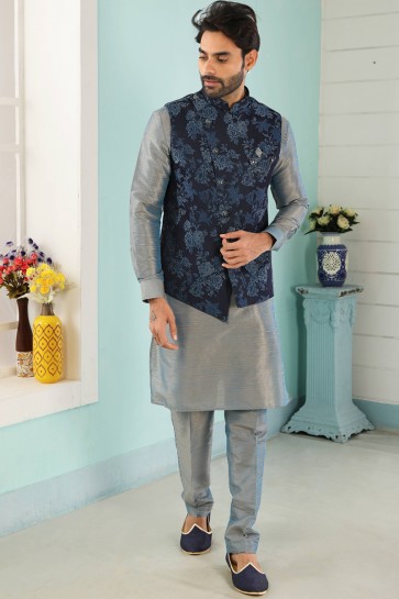 Grey Banarasi Silk Fabric Kurta Payjama With Jacqaurd Jacket