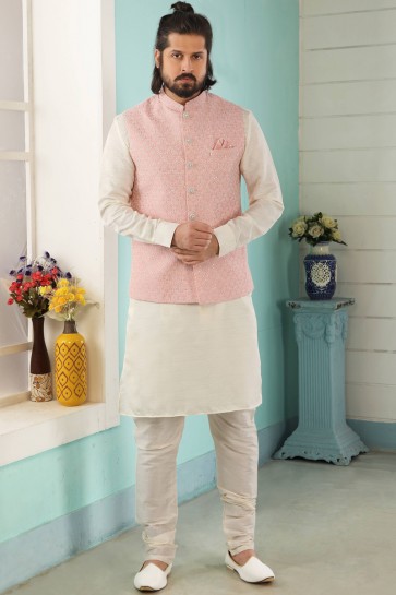 Cream Banarasi Silk Fabric Kurta Payjama With Jacqaurd Jacket