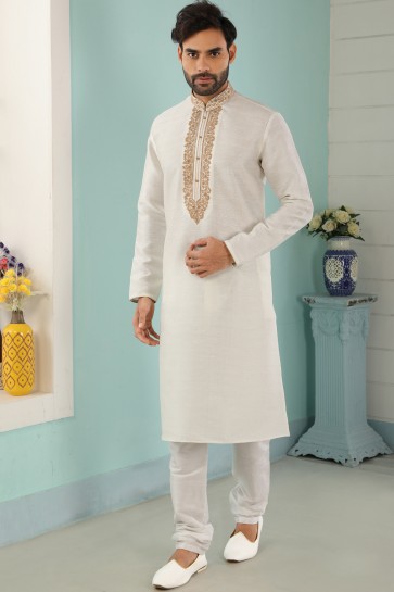 Banarasi Silk Fabric Off White Designer Kurta Payjama
