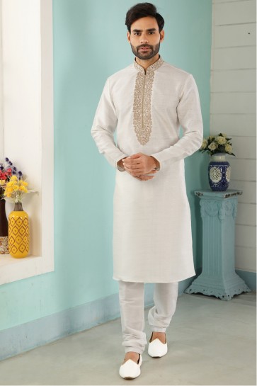 Banarasi Silk Fabric Off White Stylish Kurta Payjama