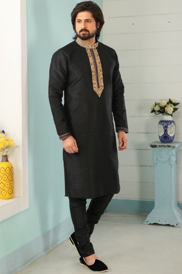 Banarasi Silk Fabric Black Stylish Kurta Payjama