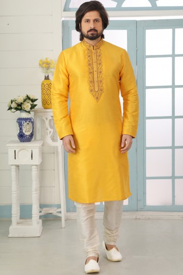 Yellow Banarasi Silk Fabric Kurta Payjama