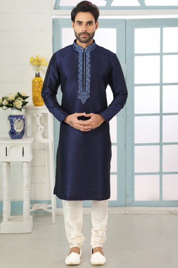 Banarasi Silk Fabric Navy Blue Stylish Kurta Payjama