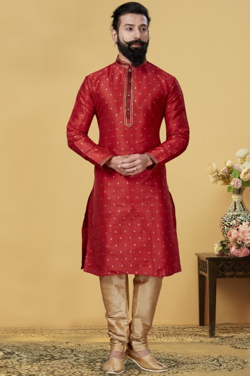 Red Jacqaurd Silk Fabric Kurta Payjama