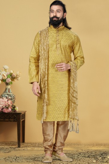 Jacqaurd Silk Fabric Yellow Designer Kurta Payjama