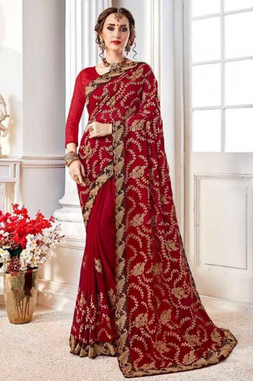 Admirable Red Fancy Fabric Embroidered Designer Saree With Fancy Fabric Blouse