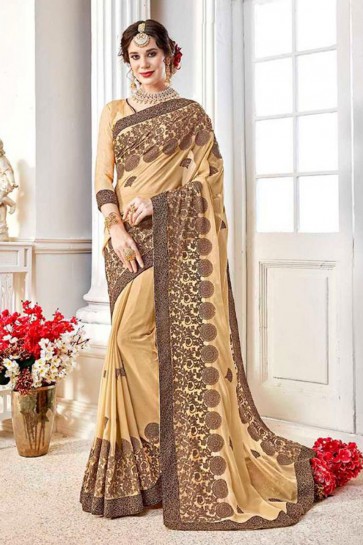 Supreme Beige Fancy Fabric Embroidered Designer Saree With Fancy Fabric Blouse