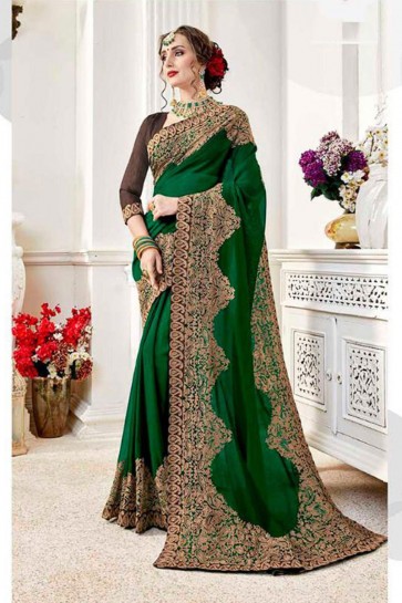 Ultimate Green Fancy Fabric Embroidered Designer Saree With Fancy Fabric Blouse