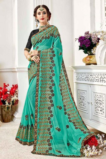 Graceful Turquoise Fancy Fabric Embroidered Designer Saree With Fancy Fabric Blouse