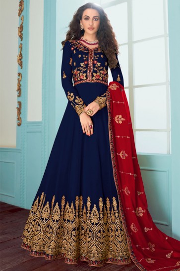 Blue Fuax Georgette Embroidered Abaya Style Anarkali Suit With Georgette Dupatta