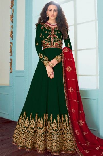Green Fuax Georgette Embroidered Abaya Style Anarkali Suit With Georgette Dupatta