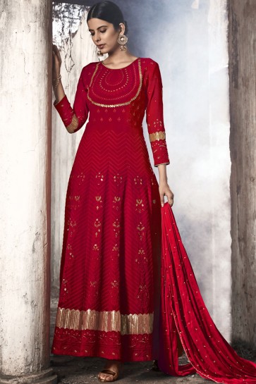 Embroidered Red Fuax Georgette Abaya Style Anarkali Suit With Nazmin Dupatta