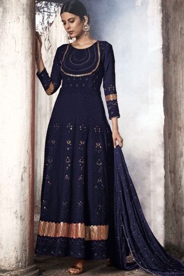 Abaya Style Blue Embroidered Fuax Georgette Anarkali Suit With Nazmin Dupatta