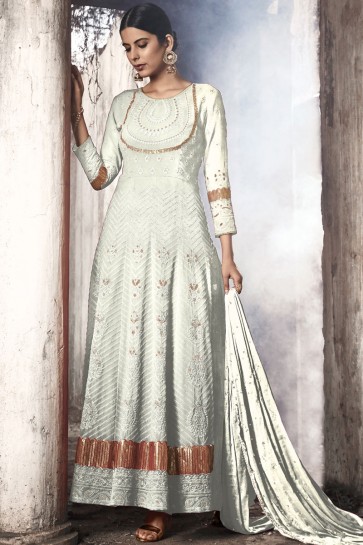 White Fuax Georgette Embroidered Abaya Style Anarkali Suit With Nazmin Dupatta