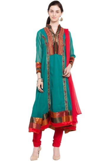 Pretty Green Faux Georgette Churidar Plus Size Readymade Salwar Suit with Faux Chiffon Dupatta