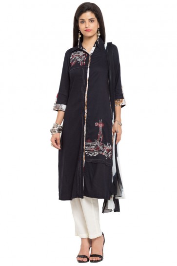 Lovely Black Cotton Straight Pant Plus Size Readymade Salwar Suit With Faux Chiffon Dupatta