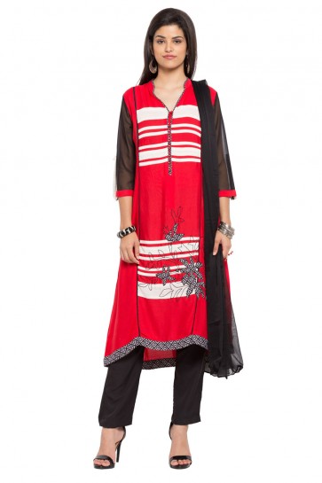 Supreme Red Cotton Straight Pant Plus Size Readymade Salwar Suit With Faux Chiffon Dupatta