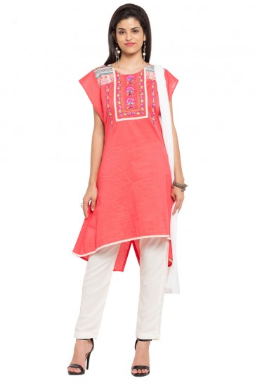 Admirable Pink Cotton and Faux Crepe Straight Pant Plus Size Readymade Salwar Suit With Faux Chiffon Dupatta
