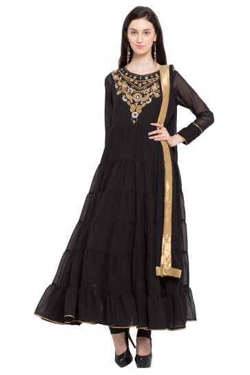 Gorgeous Black Faux Georgette Churidar Plus Size Readymade Anarkali Salwar Suit with Faux Chiffon Dupatta