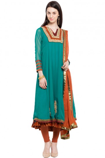 Charming Turquoise Faux Georgette and Faux Crepe Bottom Plus Size Readymade Anarkali Salwar Suit