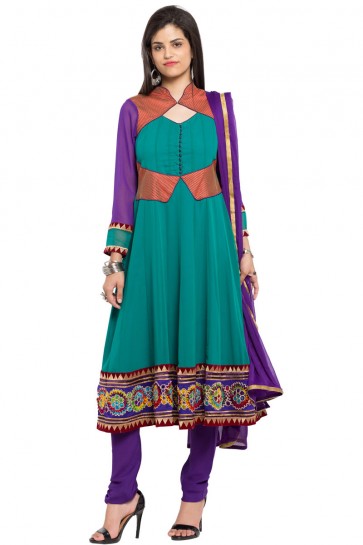Lovely Turquoise Faux Georgette Churidar Plus Size Readymade Anarkali Salwar Suit With Faux Chiffon Dupatta
