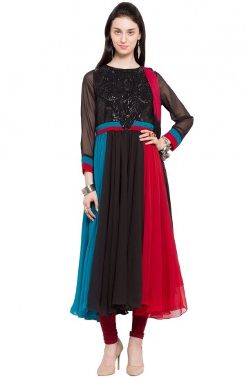 Excellent Multi Color Faux Georgette Churidar Plus Size Readymade Anarkali Salwar Suit With Faux Chiffon Dupatta