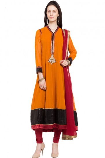 Admirable Mustard Faux Georgette and Faux Crepe Churidar Plus Size Readymade Anarkali Salwar Suit With Faux Chiffon Dupatta