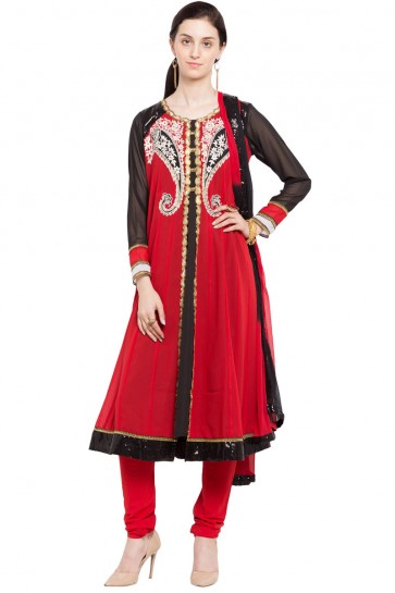 Desirable Red Faux Georgette and Faux Crepe Churidar Plus Size Readymade Anarkali Salwar Suit