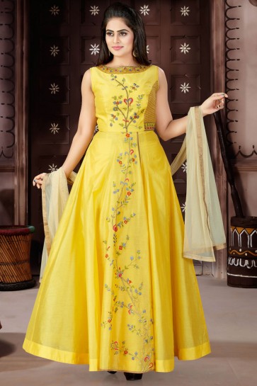 Excellent Yellow Chanderi and Lycra Churidar Bottom Plus Size Readymade Gown With Chiffon Dupatta