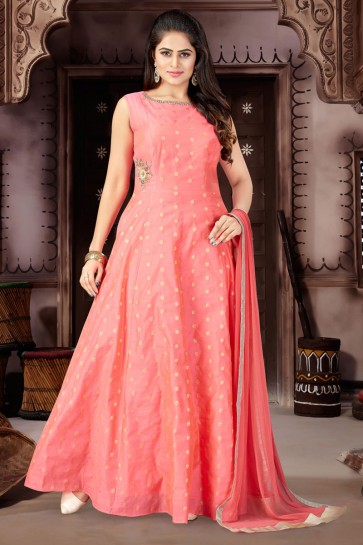 Beautiful Pink Chanderi and Lycra Churidar Bottom Plus Size Readymade Gown