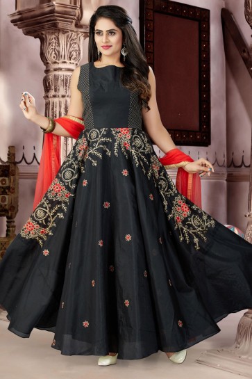 Charming Black Chanderi and Lycra Bottom Plus Size Readymade Gown