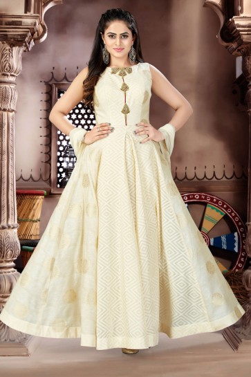 Classic Cream Chanderi and Lycra Churidar Plus Size Readymade Gown with Chiffon Dupatta