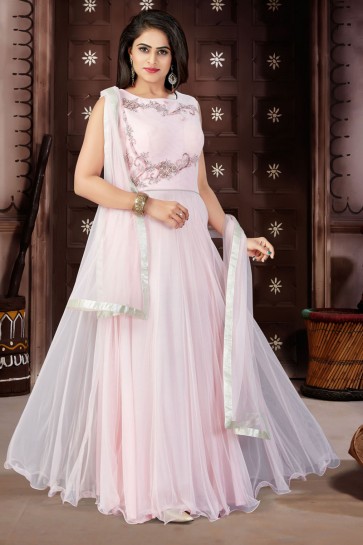 Admirable Pink Net and Lycra Churidar Plus Size Readymade Gown With Chiffon Dupatta
