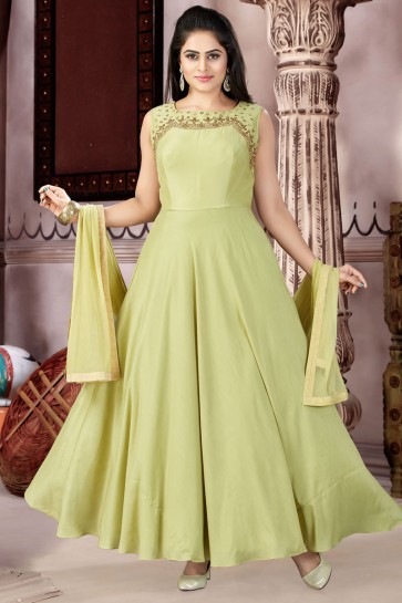 Desirable Mehendi Green Muslin and Lycra Churidar Plus Size Readymade Gown