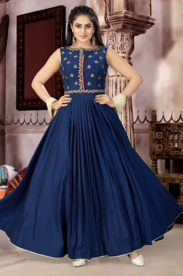 Graceful Navy Blue Muslin and Lycra Churidar Plus Size Readymade Gown With Chiffon Dupatta