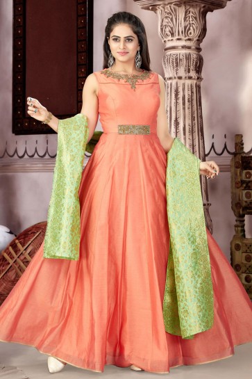 Admirable Orange Chanderi and Lycra Churidar Plus Size Readymade Gown With Chiffon Dupatta