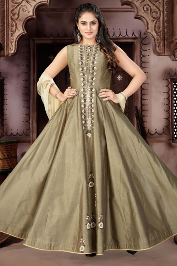 Lovely Mehendi Green Chanderi Plus Size Readymade Gown With Chiffon Dupatta