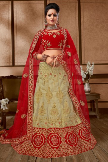 Supreme Beige and Red Silk Embroidered Bridal Lehenga Choli With Net Dupatta
