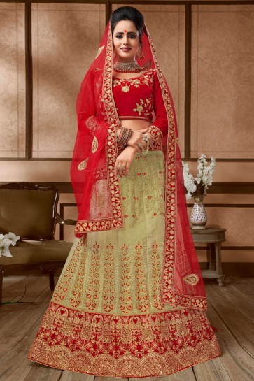 Classic Beige and Red Silk Embroidered Long Length Bridal Lehenga Choli With Net Dupatta