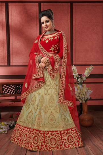 Beautiful Beige and Red Silk Embroidered Long Length Bridal Lehenga Choli With Net Dupatta