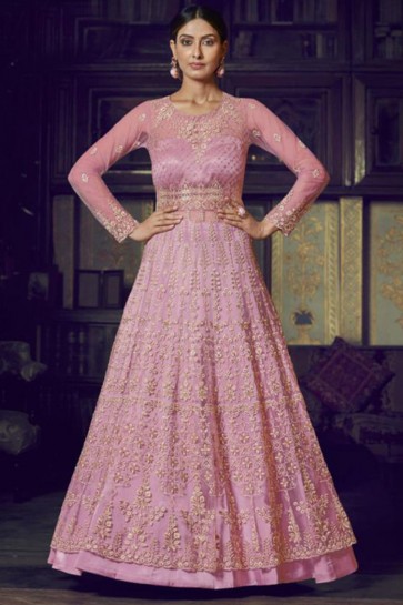 Pink Net Embroidered Abaya Style Anarkali Suit With Net Dupatta