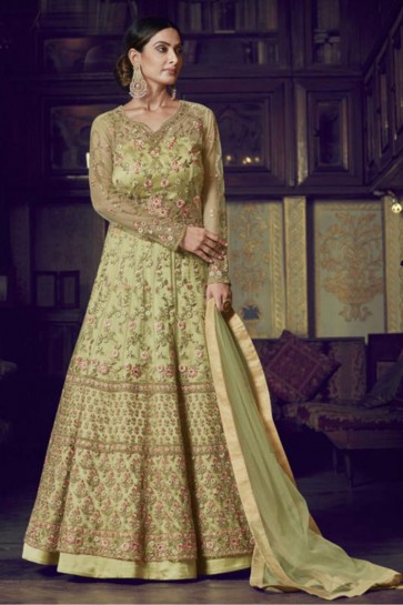 Embroidered Yellow Net Abaya Style Anarkali Suit With Net Dupatta