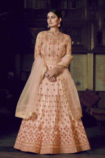 Peach Net Embroidered Abaya Style Anarkali Suit With Net Dupatta