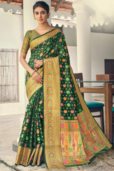 Stunning Green Banarasi Silk Fabric Designer Weaving With Jacqard Work Saree And Blouse