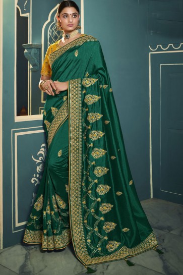 Embroidered Lace Work Green Silk Saree With Blouse