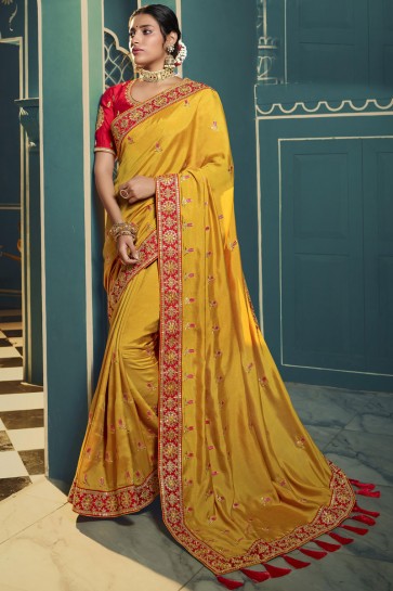 Silk Embroidered Lace Work Designer Yellow Lovely Saree With Blouse